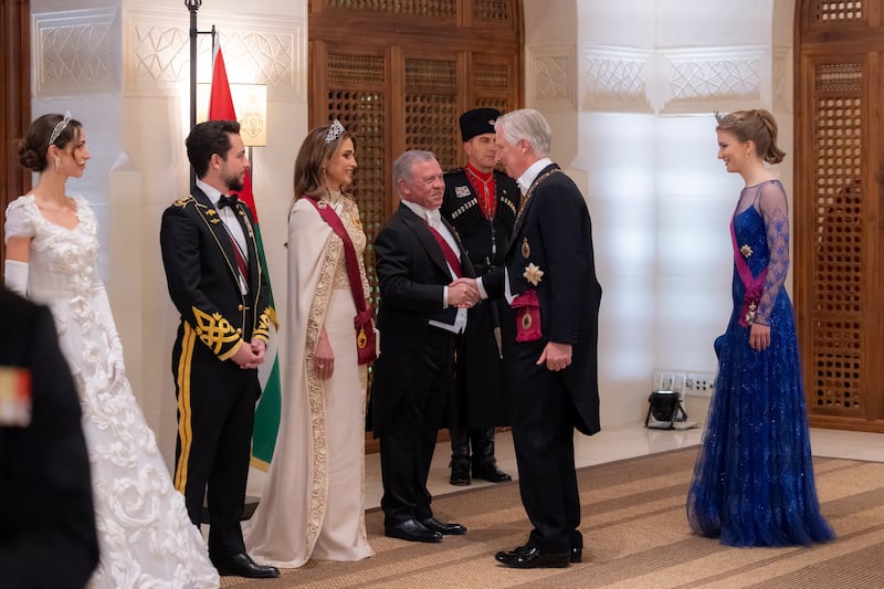 For the reception, Queen Rania wore an embellished gown by Elie Saab. Reuters