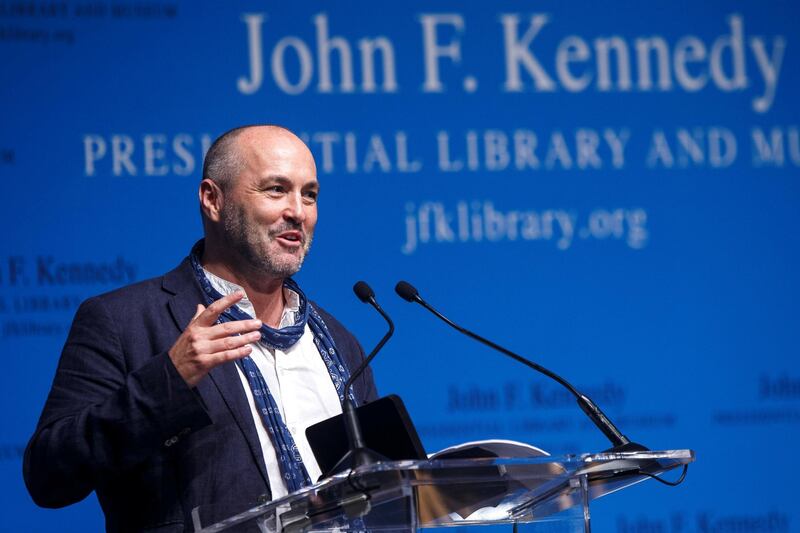 BOSTON - SEPTEMBER 19: Author Colum McCann pays tribute to PEN New England Song Lyrics of Literary Excellence Award winners Tom Waits and Kathleen Brennan during a ceremony at the John F. Kennedy Library in Boston on Sept. 19, 2016.  (Photo by Keith Bedford/The Boston Globe via Getty Images)