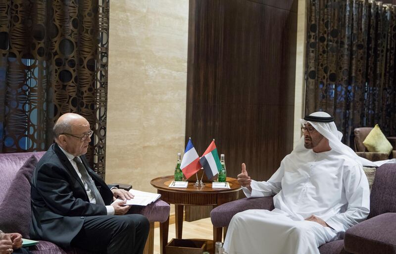 ABU DHABI, UNITED ARAB EMIRATES - July 16, 2017: HH Sheikh Mohamed bin Zayed Al Nahyan Crown Prince of Abu Dhabi Deputy Supreme Commander of the UAE Armed Forces (R) meets with HE Jean-Yves Le Drian, Minister of Foreign Affairs of France (L) at Al Shati Palace.

( Mohamed Al Hammadi / Crown Prince Court - Abu Dhabi )
---