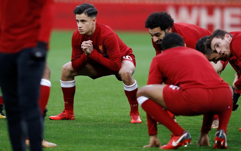 Soccer Football - Premier League - Liverpool vs Leicester City - Anfield, Liverpool, Britain - December 30, 2017   Liverpool's Philippe Coutinho warms up before the match   REUTERS/Phil Noble    EDITORIAL USE ONLY. No use with unauthorized audio, video, data, fixture lists, club/league logos or "live" services. Online in-match use limited to 75 images, no video emulation. No use in betting, games or single club/league/player publications.  Please contact your account representative for further details.