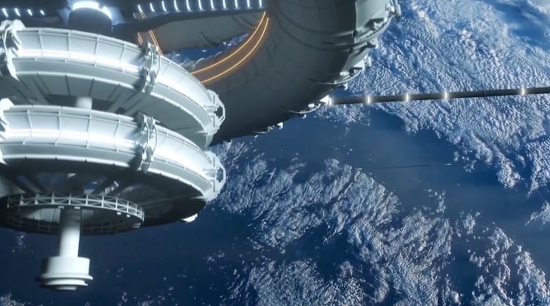 A string-rail sky pod system piloted in Sharjah could theoretically be used in space to cheaply transport tonnes of goods, according to the manufacturers. Photo: Unitsky String Technology