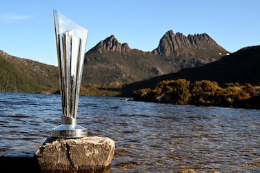 LAUNCESTON, AUSTRALIA - SEPTEMBER 28: Cricket World Cup Trophy during the ICC T20 Men's Cricket World Cup Trophy Tour at Cradle Mountain National Park on September 28, 2022 in Tasmania, Australia. (Photo by Steve Bell / Getty Images for ICC T20 World Cup)