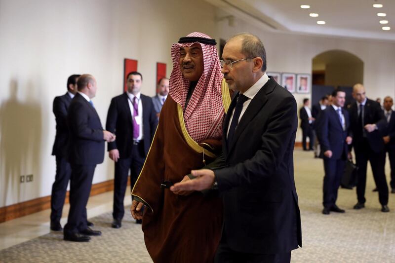 Jordanian Foreign Minister Ayman Safadi welcomes Kuwaiti Foreign Minister Sheikh Sabah Al Khalid Al Sabah at the summit venue. Reuters