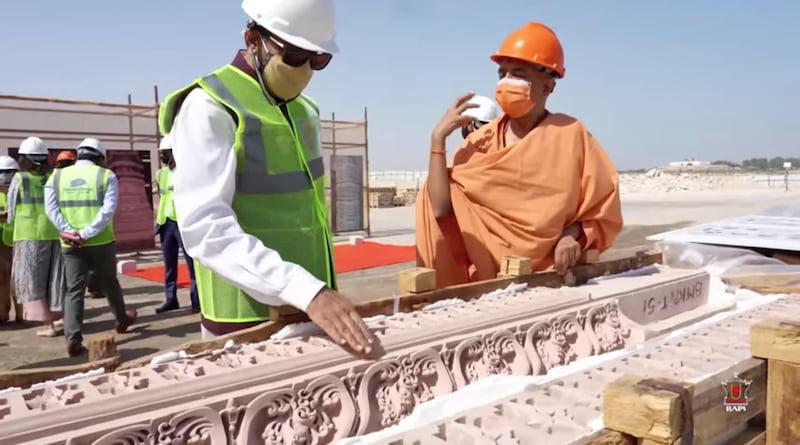 Pavan Kapoor, Indian ambassador to the UAE, with Swami Brahmavihari, from Baps Swaminarayan Sanstha with the stone carvings that are at the site in Abu Dhabi. Baps Swaminarayan Sanstha is overseeing the construction. All photos courtesy Baps Swaminarayan Sanstha
