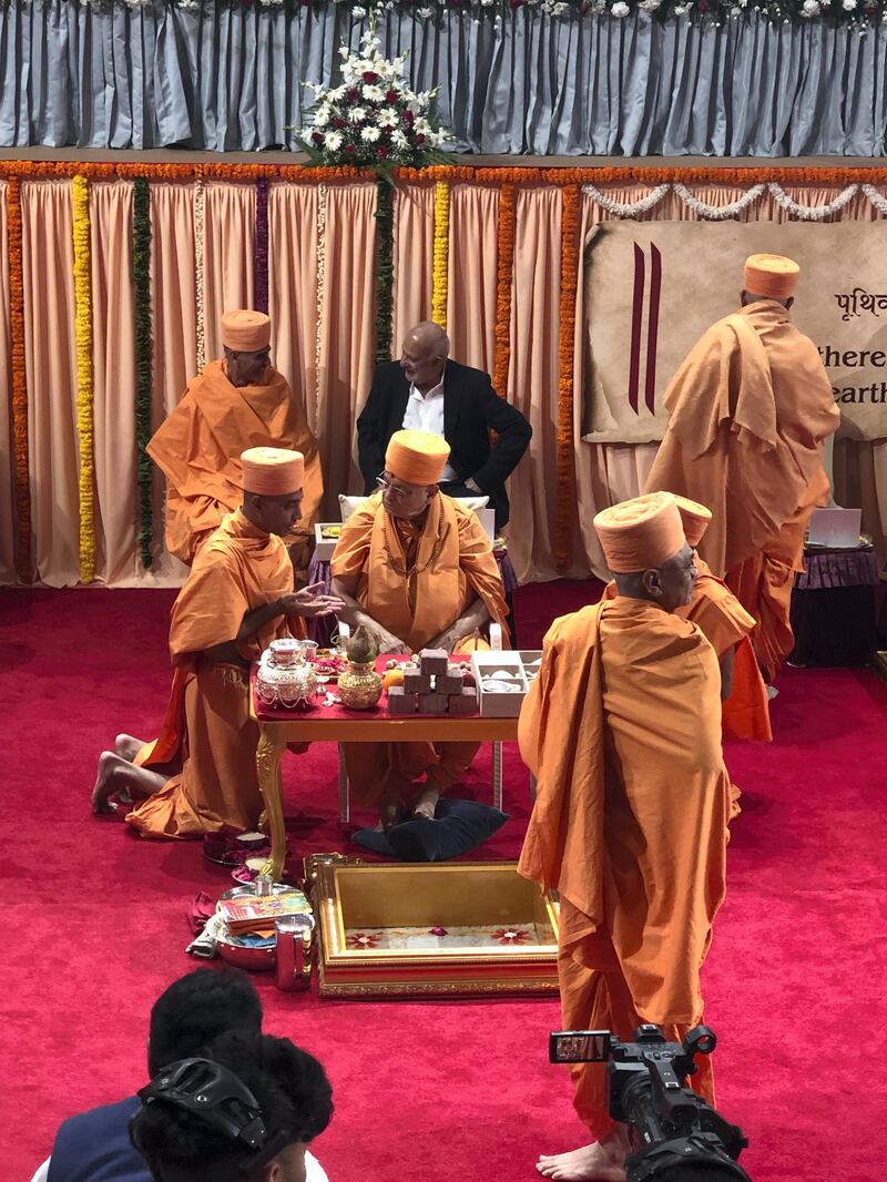 The shilanyas vidhi of the first traditional Hindu temple in the UAE is performed in the holy presence of His Holiness Mahant Swami Maharaj, the spiritual leader of BAPS Swaminarayan Sanstha.