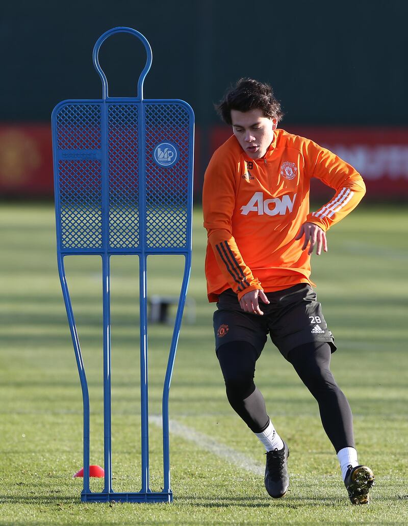 MANCHESTER, ENGLAND - DECEMBER 27: (EXCLUSIVE COVERAGE) Facundo Pellistri of Manchester United in action during a first team training session at Aon Training Complex on December 27, 2020 in Manchester, England. (Photo by Matthew Peters/Manchester United via Getty Images)