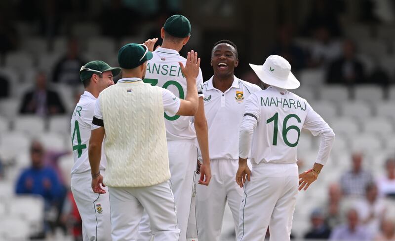 South Africa bowler Kagiso Rabada celebrates with teammates after taking the wicket of England batsman Alex Lees after an lbw review. Getty 