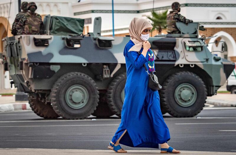 Moroccan soldiers patrol the city of Tangiers amid a new outbreak of the novel coronavirus.  AFP