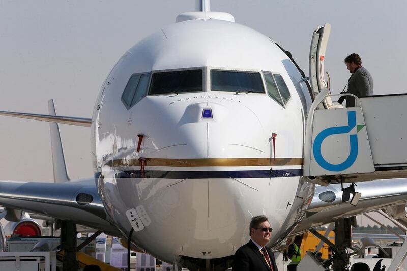 A Boeing Business Jets aircraft on static display at the MEBAA show. Pawan Singh / The National