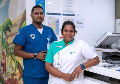 Nurse Silpa Suresh and her husband, ER nurse Jephy Antony, at NMC Royal Hospital, Dubai. both received golden visas.  Victor Besa / The National

