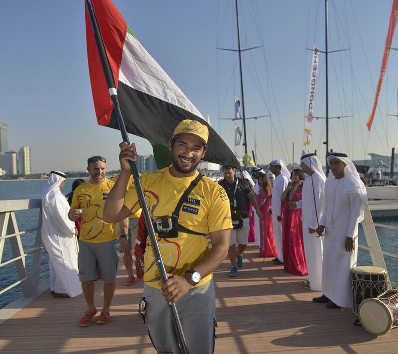 “This flag will fly high all over the world,” says Adil Khalid as he finds his land legs at home after 23 days at sea at the end of Leg 2 of the Volvo Ocean Race on Saturday. Photo Courtesy / Volvo Ocean Race