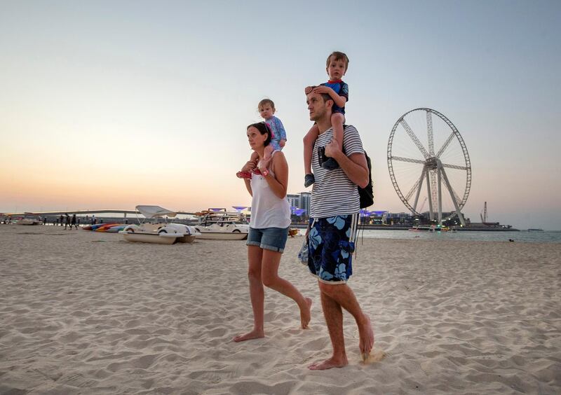 DUBAI, UNITED ARAB EMIRATES -  Residence and visitors at The Beach enjoying the weather and the view of BlueWaters from The Beach, Jumeirah Beach Residence, Dubai.  Leslie Pableo for The National