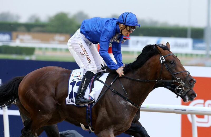Thunder Snow, ridden by Christophe Soumillon, won the UAE Derby. Pawan Singh / The National