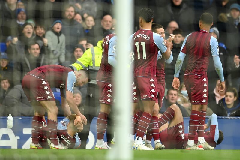 Lucas Digne of Aston Villa was hit by an object thrown from the crowd at Goodison Park. Getty