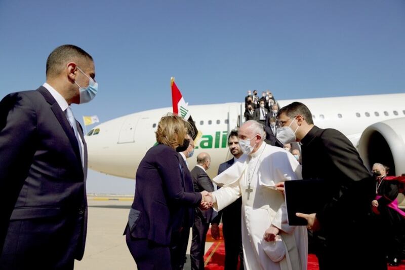 Pope Francis arrives in Baghdad on his first visit to Iraq. Pope Francis began his historic trip to war-scarred Iraq, defying security concerns and the coronavirus pandemic to comfort one of the world's oldest and most persecuted Christian communities.