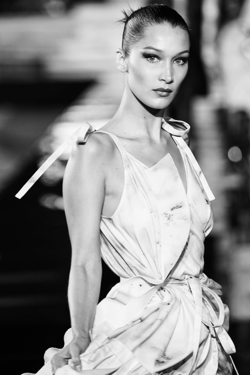 FLORENCE, ITALY - JUNE 13: [Editor's Note: Image was converted to black and white]  Bella Hadid walks the CR Runway x Luisaviaroma during Pitti Immagine Uomo 96 on June 13, 2019 in Florence, Italy. (Photo by Vittorio Zunino Celotto/Getty Images)