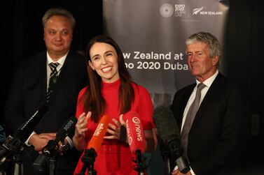 New Zealand Prime Minister Jacinda Ardern speaks to media with Damien O'Connor, Minister of Trade and Export Growth (R) and Rino Tirakatene, Parliamentary Under Secretary (L) during the New Zealand at Expo 2020 event in Auckland. (Fiona Goodall/Getty Images)