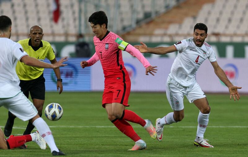 South Korea's inspirational forward Son Heung-min shows close control in Tehran. Son went on to score the opening goal in the 1-1 draw. AFP