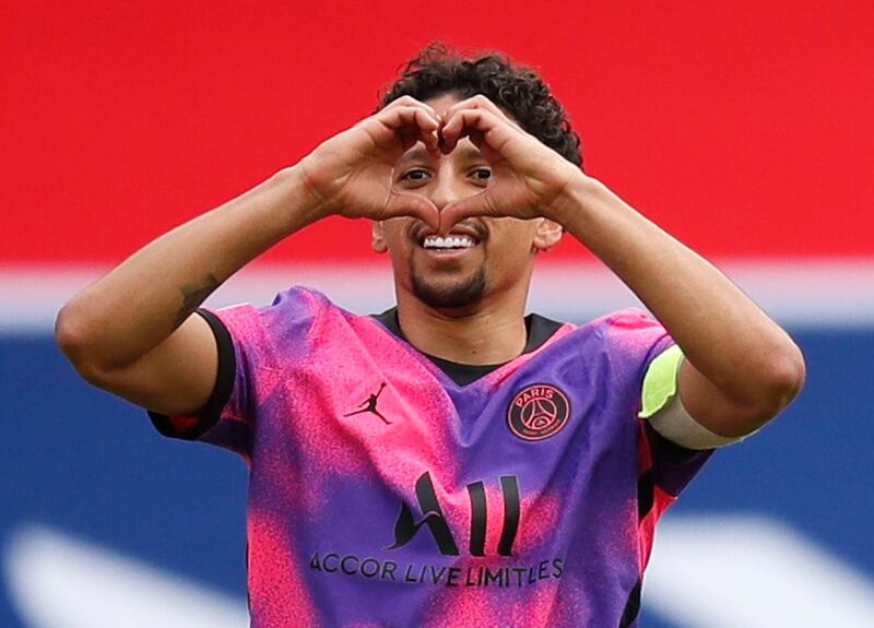 PSG's Marquinhos celebrates scoring their second goal. Reuters