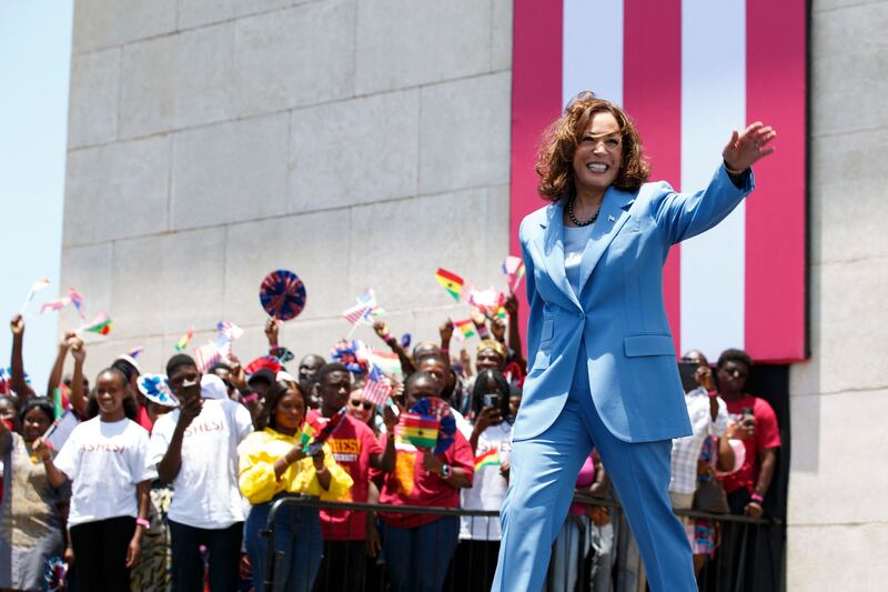 US Vice President Kamala Harris arrives at an event in Black Star Square, Accra, during her visit to Ghana. AFP