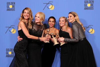 epa06424365 (L-R) Laura Dern, Nicole Kidman, Zoe Kravitz, Reese Witherspoon and Shailene Woodley pose with the Best Television Limited Series or Motion Picture Made for Television award for 'Big Little Lies' in the press room during the 75th annual Golden Globe Awards ceremony at the Beverly Hilton Hotel in Beverly Hills, California, USA, 07 January 2018.  EPA/MIKE NELSON