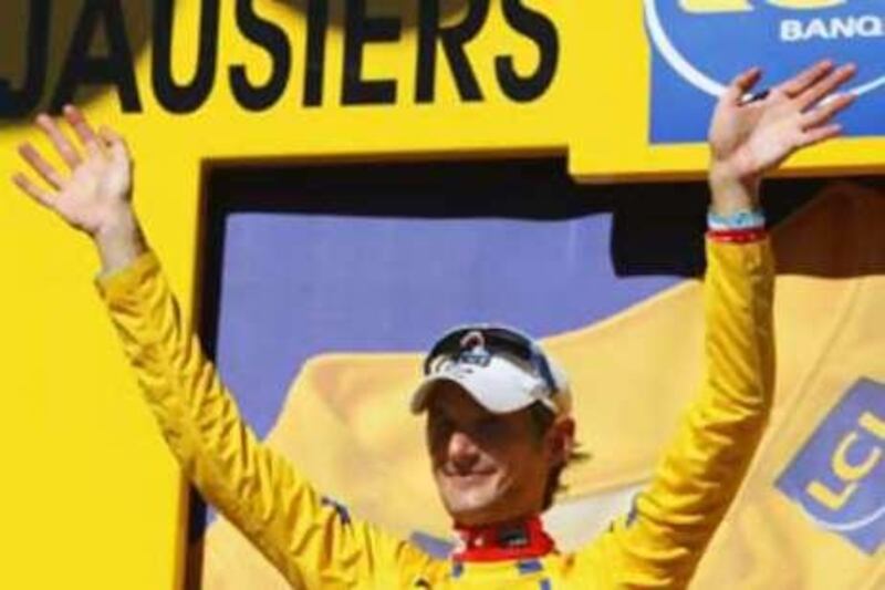Frank Schleck retains his yellow jersey after stage 16 of the 2008 Tour de France.