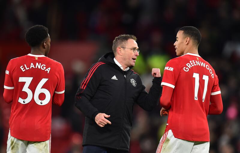 Manchester United manager Ralf Rangnick talks to Mason Greenwood after the Premier League win over Crystal Palace. EPA