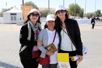 ABU DHABI , UNITED ARAB EMIRATES , February 05 – 2019 :- Left to Right – Noora Kobty , Gody Aranas and Ghada Ghazi after the holy mass at the Zayed Sports City in Abu Dhabi. ( Pawan Singh / The National ) For News. Story by Daniel Sanderson