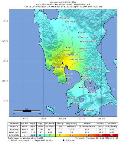 epa07521110 A handout intensity map made available by the United States Geological Survey (USGS) shows the location of a 6.3 magnitude earthquake that struck at a depth of 40.2 kilometers, near Gutad, Philippines, 22 April 2019. There have been no immediate reports of damage or casualties.  EPA/USGS / HANDOUT  HANDOUT EDITORIAL USE ONLY/NO SALES