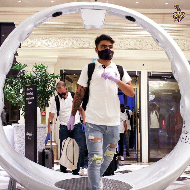 Kolkata Knight Riders arrive at their team hotel in Abu Dhabi for IPL 2020. Courtesy Kolkata Knight Riders twitter / @KKRiders