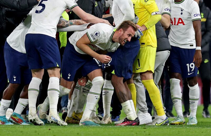 Tottenham players celebrate with Harry Kane after the 1-0 Premier League win over Manchester City at Tottenham Hotspur Stadium in North London on February 5, 2023. Kane's 15th-minute goal was his 267th for Spurs - a club record. Reuters 