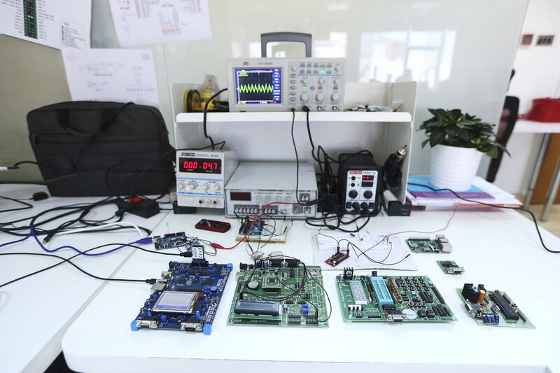 Various wearable product development boards on display at the Mosaikx office in Dubai. Sarah Dea / The National