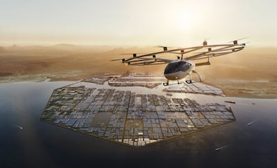 A rendering of an air taxi flying over Oxagon at Neom. Photo: Volocopter