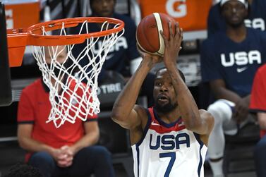 United States' Kevin Durant shoots against Nigeria during an exhibition basketball game Saturday, July 10, 2021, in Las Vegas.  (AP Photo / David Becker)