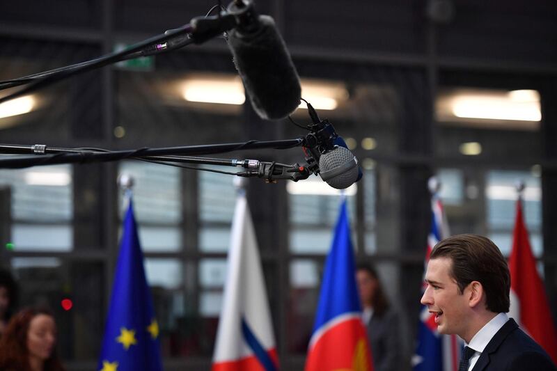 Austria's Chancellor Sebastian Kurz addresses the press  in Brussels, Belgium. Ben Stansall / AFP