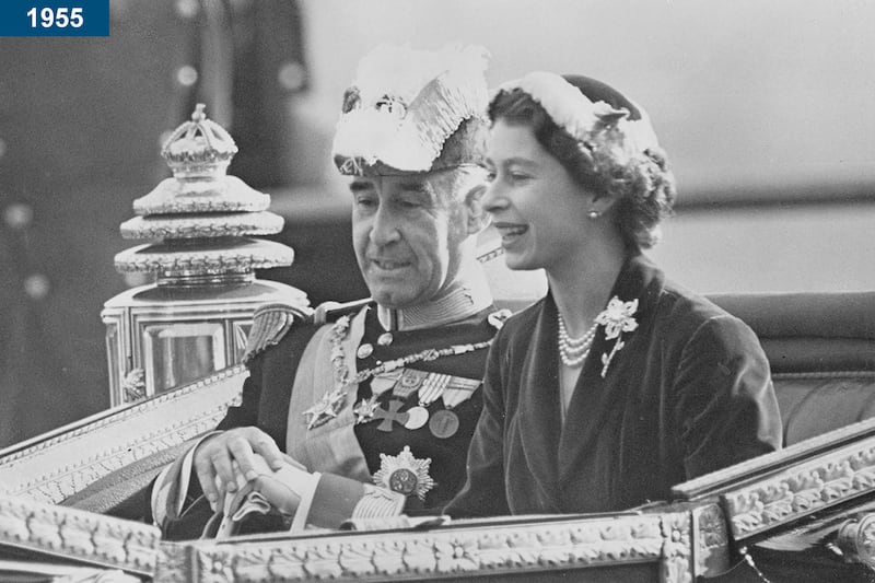 1955: Gen Francisco Craveiro Lopes, President of Portugal, leaves Westminster Pier for Buckingham Palace by coach, with the queen.