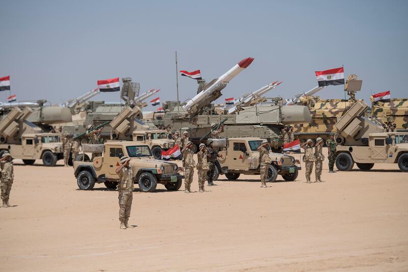 EL HAMAM, MATROUH GOVERNORATE, EGYPT - July 22, 2017: Members of the Egyptian Armed Forces stand for at attention for the inspection during the inauguration of the Mohamed Naguib Military Base.

( Rashed Al Mansoori / Crown Prince Court - Abu Dhabi )
---