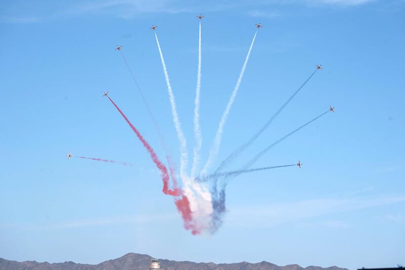 BERENICE, EGYPT - January 15, 2020: Egyptian military aircraft performs during the opening ceremony of Berenice Military Base.

( Mohamed Al Hammadi / Ministry of Presidential Affairs )
—