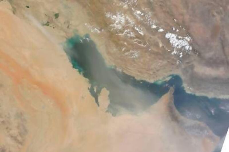 A satellite image of a sand storm over the Arabian peninsula. Courtesy of the National Center of Meteorology and Seismology