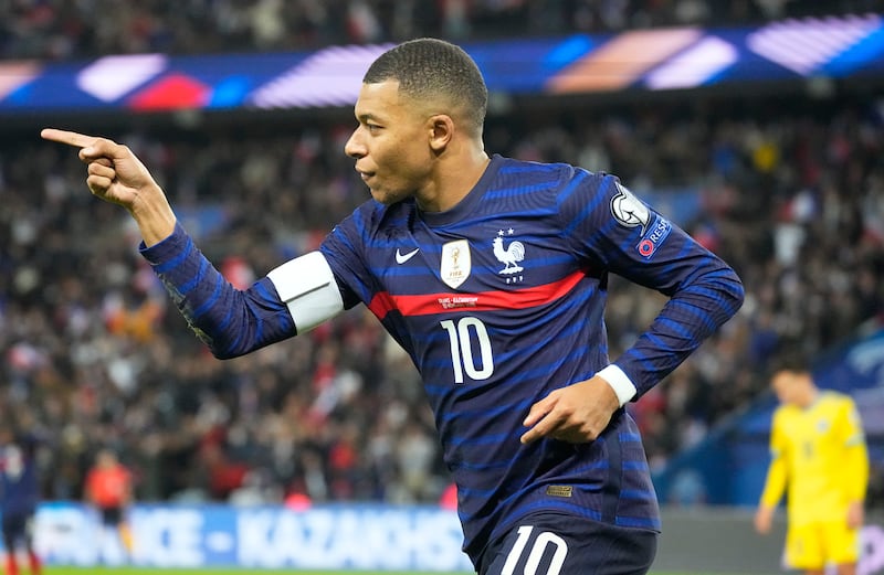 Mbappe after completing a first-half hat-trick. AP