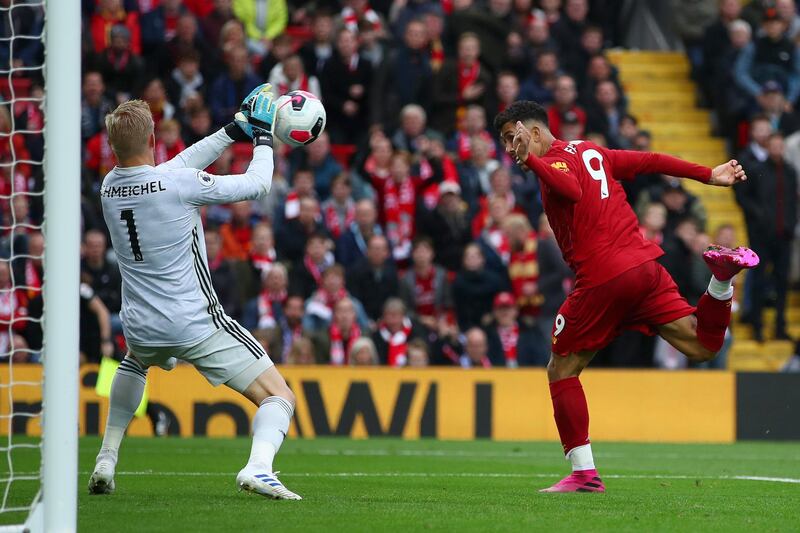 Kasper Schmeichel of Leicester City saves the ball from Firmino. Getty