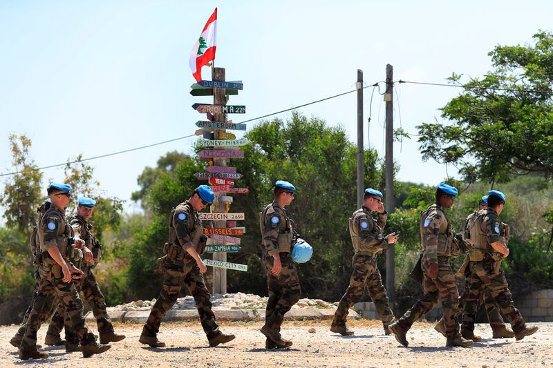 French UN peacekeepers in the southern Lebanese border town of Naqoura. Lebanon's economic crisis is pushing its government to search for offshore hydrocarbons but a maritime border dispute with Israel continues to frustrate Beirut. AP