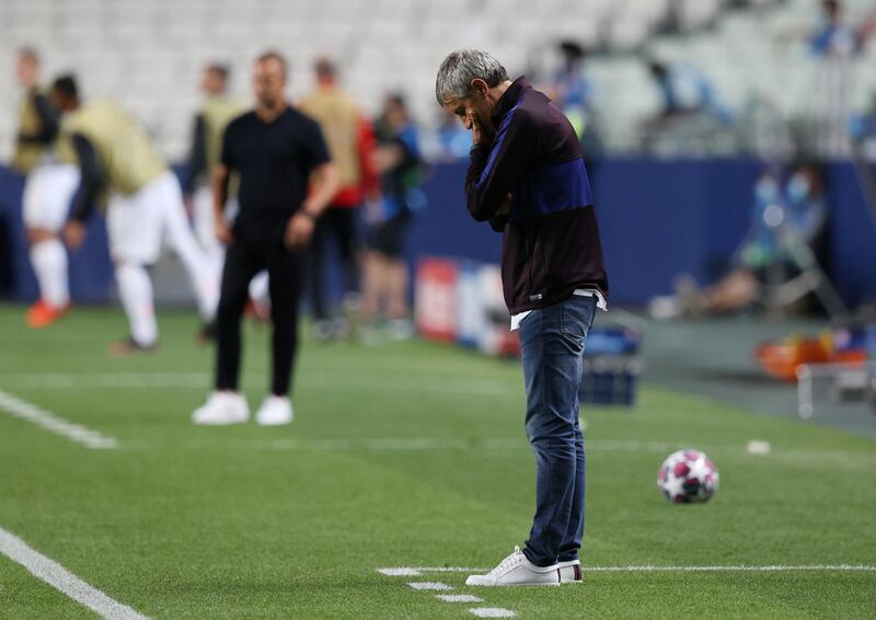 Quique Setien on the sidelines during Barcelona's defeat to Bayern Munich in the Champions League quarter-finals. Reuters