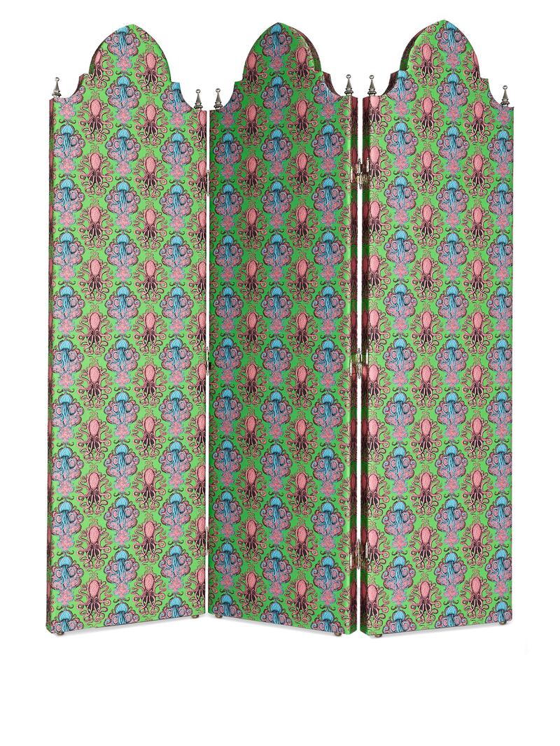 The panelled screen is made from poplar plywood covered in a jacquard-woven material. Courtesy Gucci