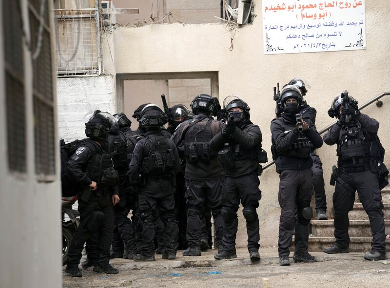 Israeli security forces in the Shuafat refugee camp in Jerusalem after family home of a Palestinian militant was demolished in February 2022. Photo: AP