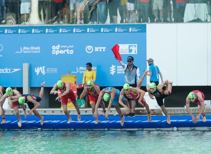 Abu Dhabi, United Arab Emirates, March 8, 2019.  Elite Division ITU Traiathlon at the YAS Marina Circuit. --  Start of the first stage of the  triathlon, swim.
Victor Besa/The National
Section:  NA
Reporter:  Haneen Dajani