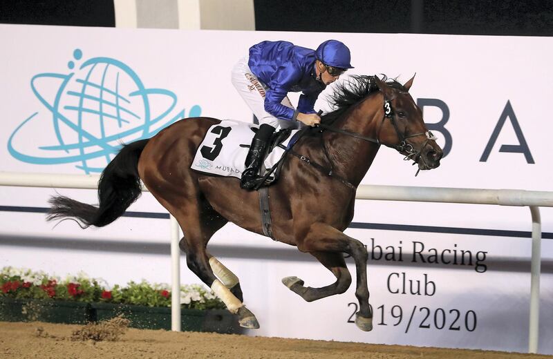 DUBAI , UNITED ARAB EMIRATES , Feb 6  – 2020 :-  Christophe Soumillon (no 3) guides Benbatl (GB)  to win the 5th horse race, Al Maktoum Challenge , 1900m Dirt at the Meydan Racecourse in Dubai. ( Pawan Singh / The National ) For Sports. Story by Amith