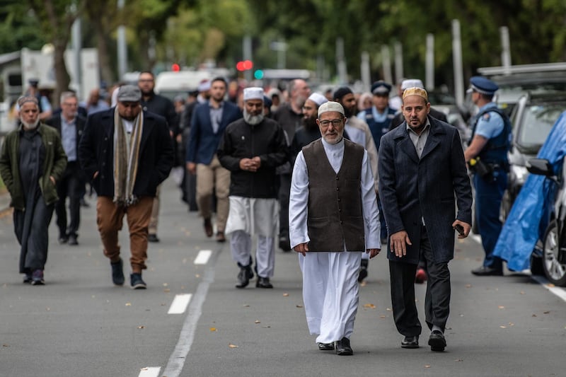 Community members leave Al Noor Mosque. Getty Images