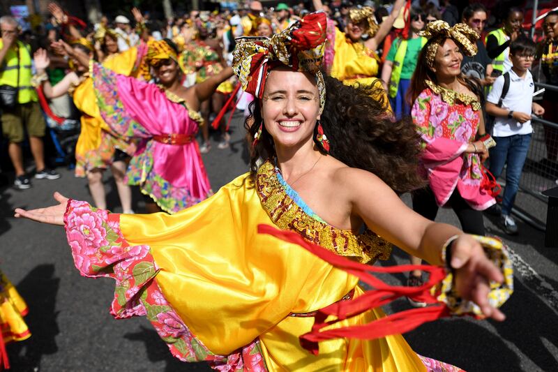 Dancers perform at the Notting Hill Carnival. EPA