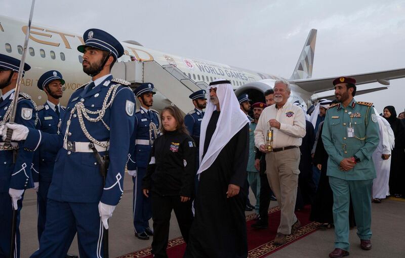 The World Games Flame of Hope arrives in Abu Dhabi from Athens, carried by the national airline of the UAE, Etihad Airways. Courtesy Etihad